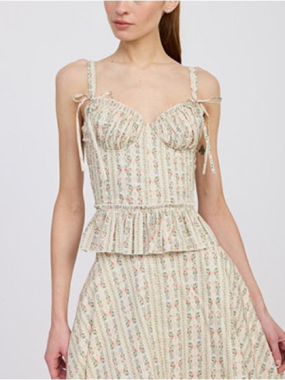 En Saison Cream Skirt and Bustier SET with Pink & Green Floral Accents